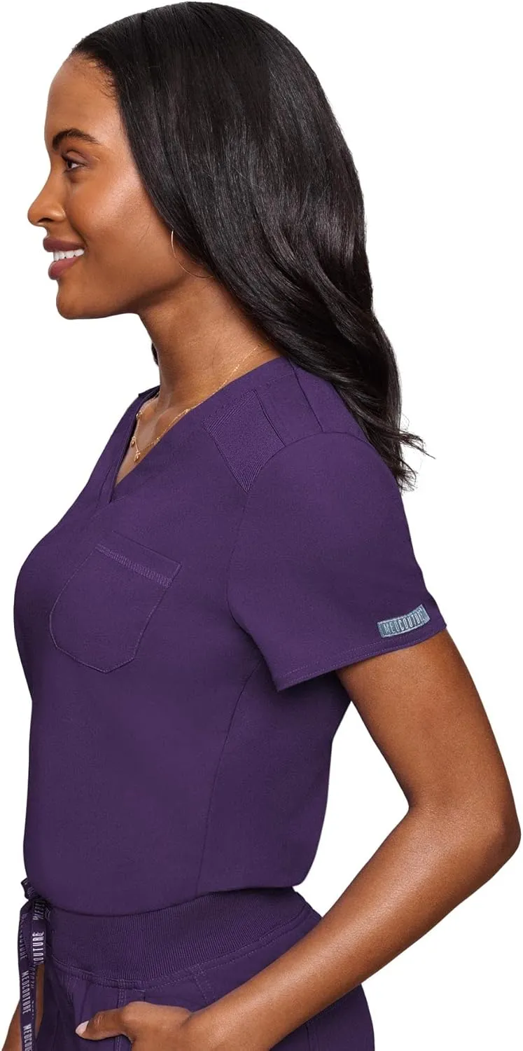 Med Couture Women's V-Neck Scrub Top, Modern Fit Tuck-in Top with Stretchy Rib-Knit Shoulders and Chest Pocket - MC7448