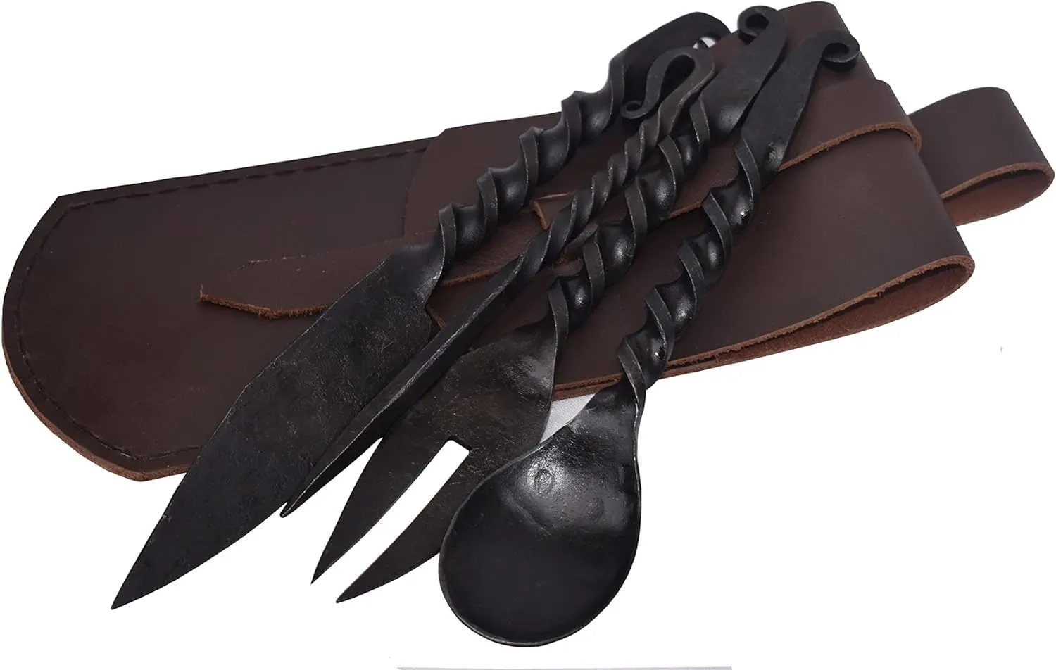 Medieval Twisted Dining Hall Eating/Feasting Utensils set of 4 Piece Functional Fork Knife Spoon and Food Stick Medieval Eating Set, with genuine leather pouch for carrying., 7 INCH, ANTIQUE