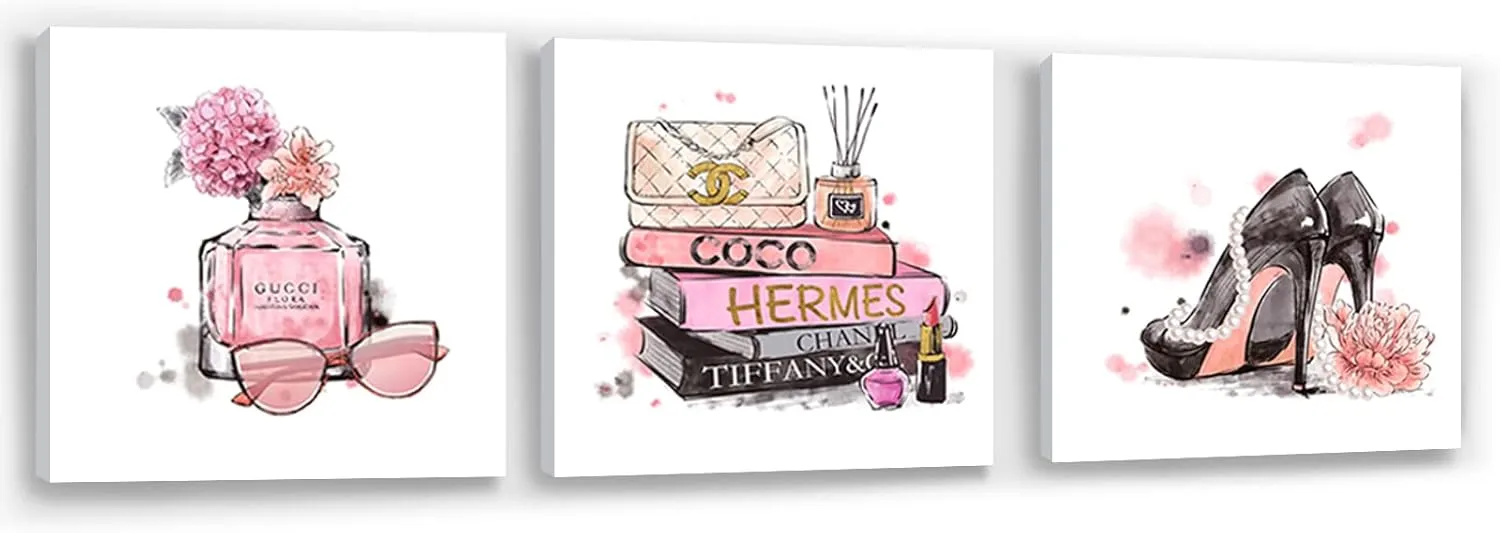 Meetdeceny Pink Wall Art Fashion Woman Wall Decor Pictures Perfume High Heels handbag Artwork for teen girls room decor photos Decoration for Bathroom Bedroom Office 14"x14"x3
