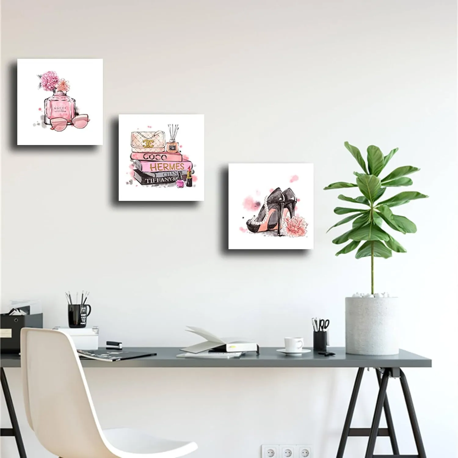 Meetdeceny Pink Wall Art Fashion Woman Wall Decor Pictures Perfume High Heels handbag Artwork for teen girls room decor photos Decoration for Bathroom Bedroom Office 14"x14"x3