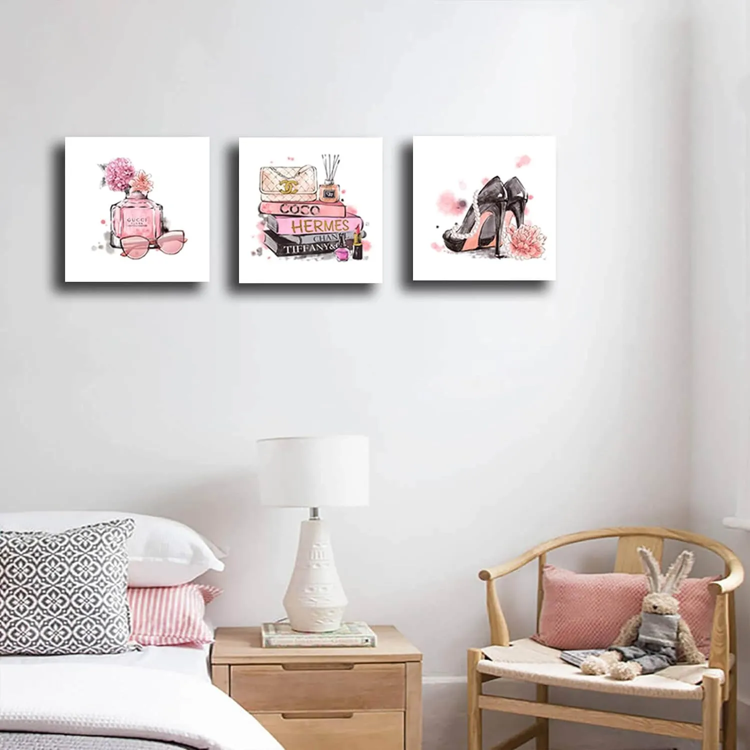 Meetdeceny Pink Wall Art Fashion Woman Wall Decor Pictures Perfume High Heels handbag Artwork for teen girls room decor photos Decoration for Bathroom Bedroom Office 14"x14"x3