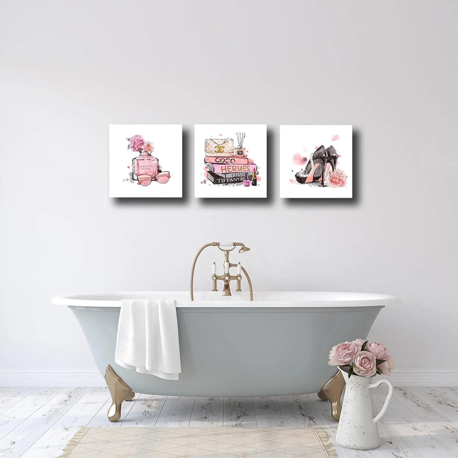 Meetdeceny Pink Wall Art Fashion Woman Wall Decor Pictures Perfume High Heels handbag Artwork for teen girls room decor photos Decoration for Bathroom Bedroom Office 14"x14"x3