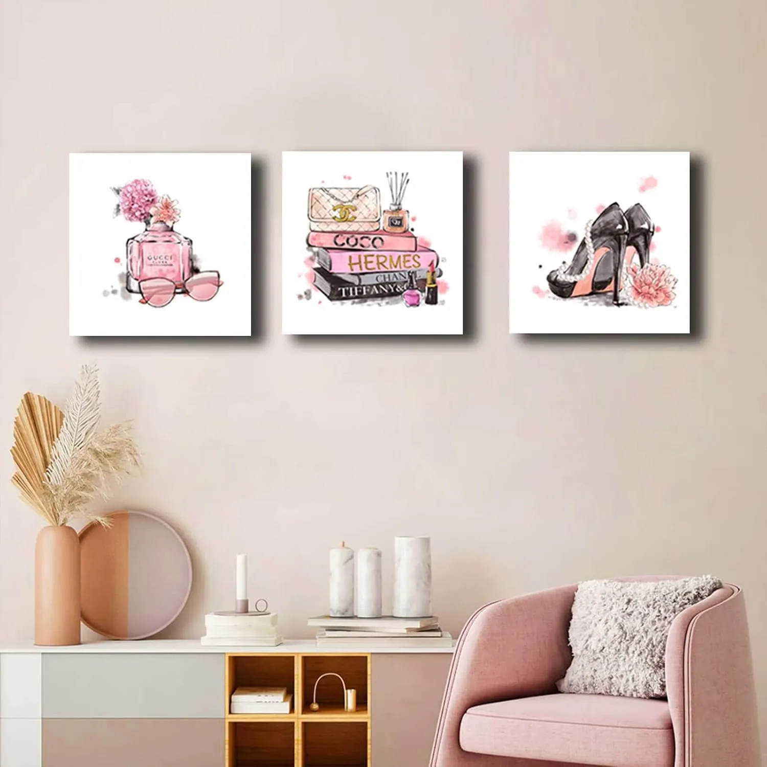 Meetdeceny Pink Wall Art Fashion Woman Wall Decor Pictures Perfume High Heels handbag Artwork for teen girls room decor photos Decoration for Bathroom Bedroom Office 14"x14"x3