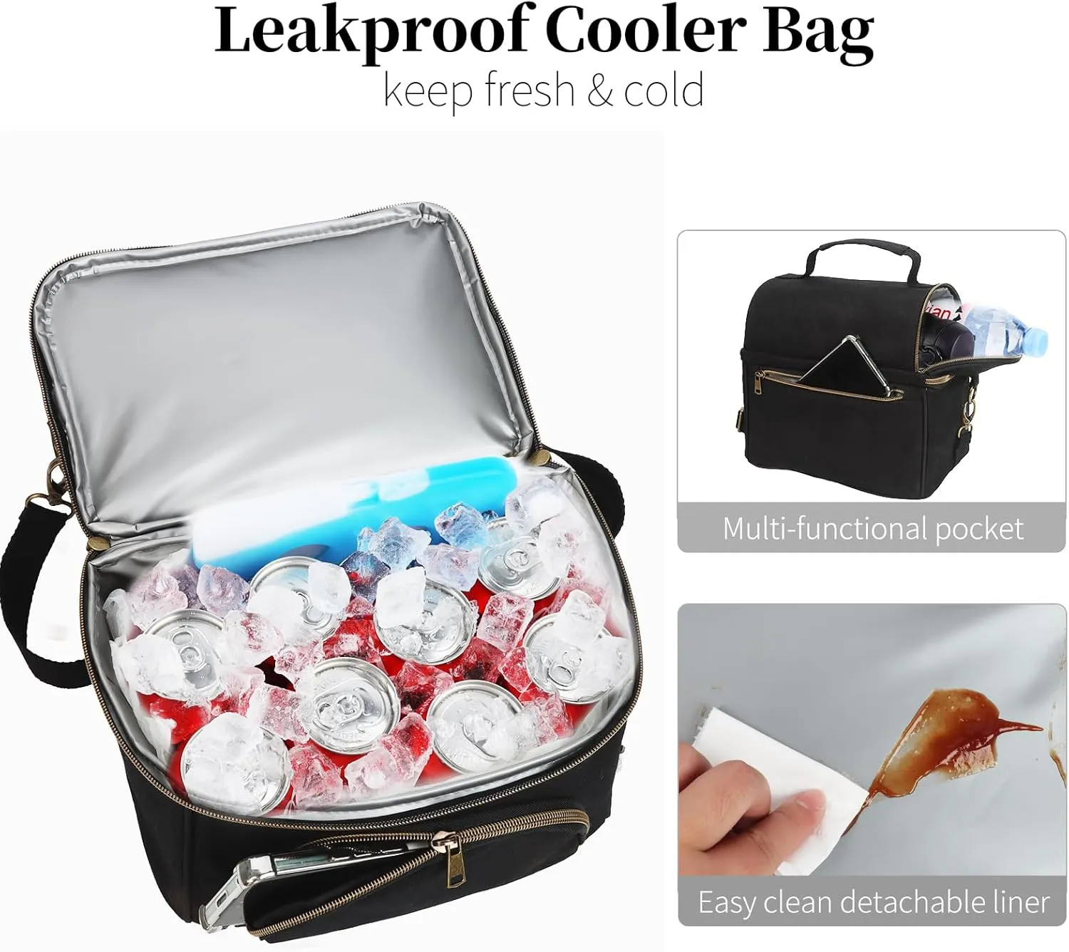 Mens Insulated Lunch Box with 2 XL icepacks,Sturdy Waxed Canvas Lunch Bag for Men And Women, Dual Compartment Large Cooler Bag For Work, Picnic, Travel, Outdoors (10.5L) 10"x9.5"x7" (Black)