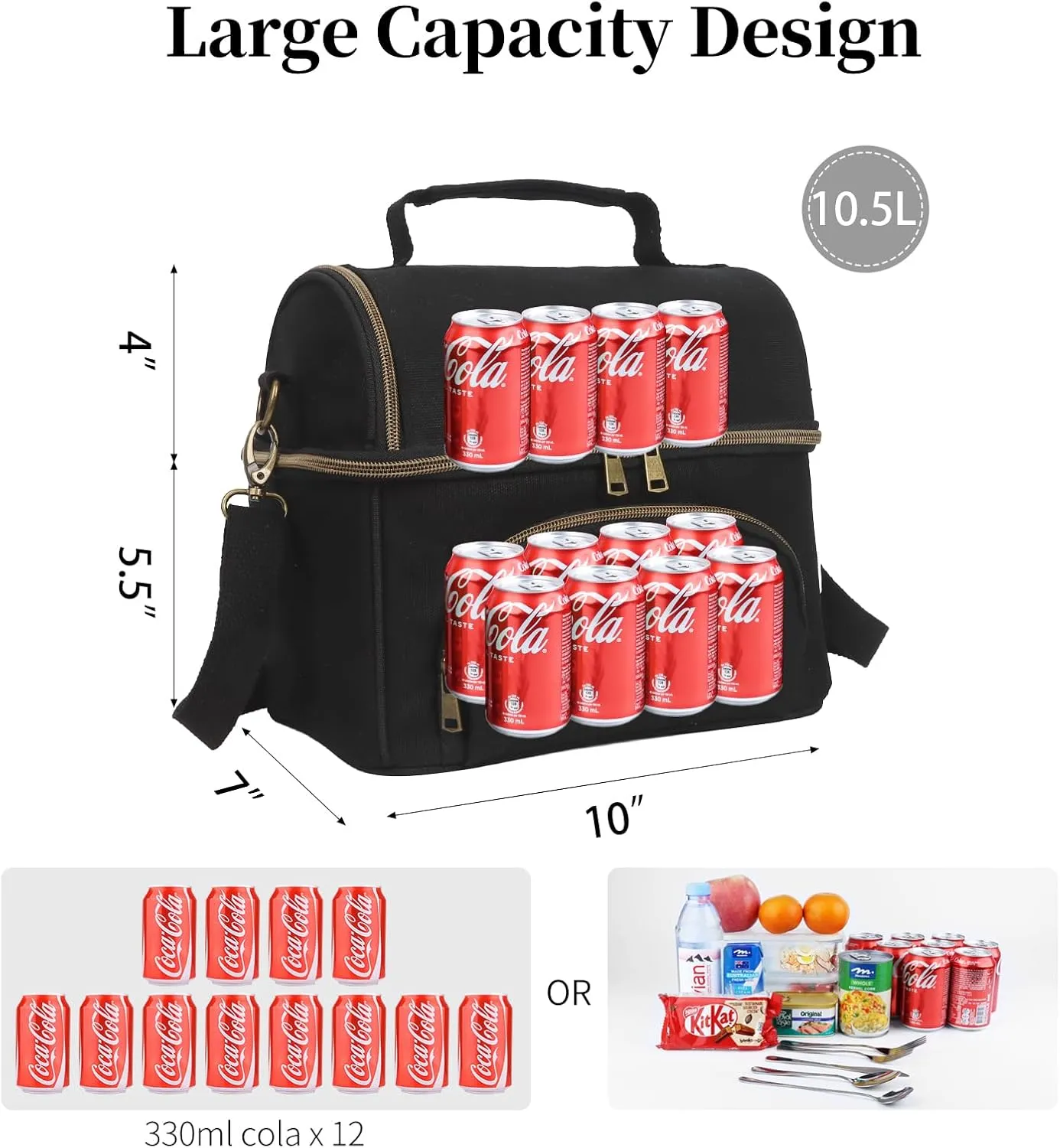 Mens Insulated Lunch Box with 2 XL icepacks,Sturdy Waxed Canvas Lunch Bag for Men And Women, Dual Compartment Large Cooler Bag For Work, Picnic, Travel, Outdoors (10.5L) 10"x9.5"x7" (Black)