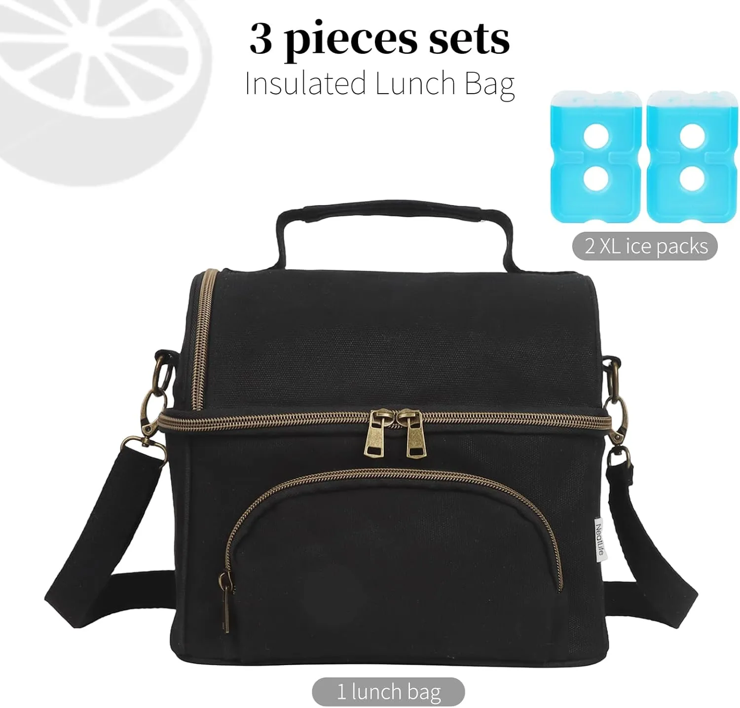 Mens Insulated Lunch Box with 2 XL icepacks,Sturdy Waxed Canvas Lunch Bag for Men And Women, Dual Compartment Large Cooler Bag For Work, Picnic, Travel, Outdoors (10.5L) 10"x9.5"x7" (Black)