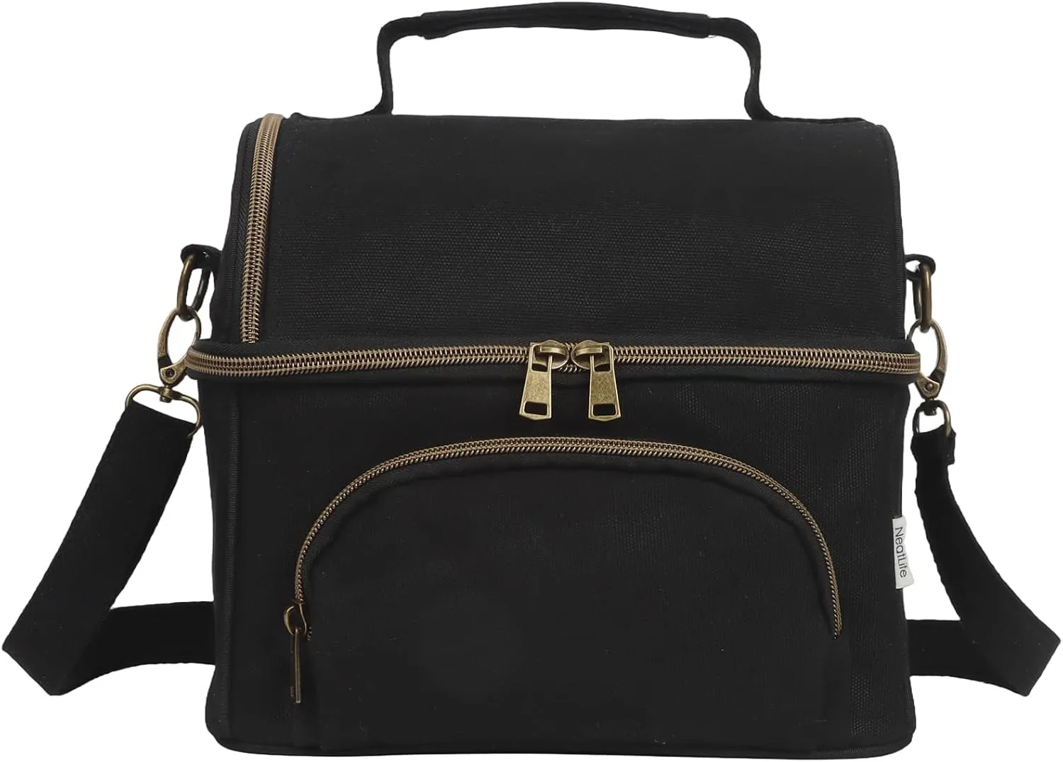 Mens Insulated Lunch Box with 2 XL icepacks,Sturdy Waxed Canvas Lunch Bag for Men And Women, Dual Compartment Large Cooler Bag For Work, Picnic, Travel, Outdoors (10.5L) 10"x9.5"x7" (Black)