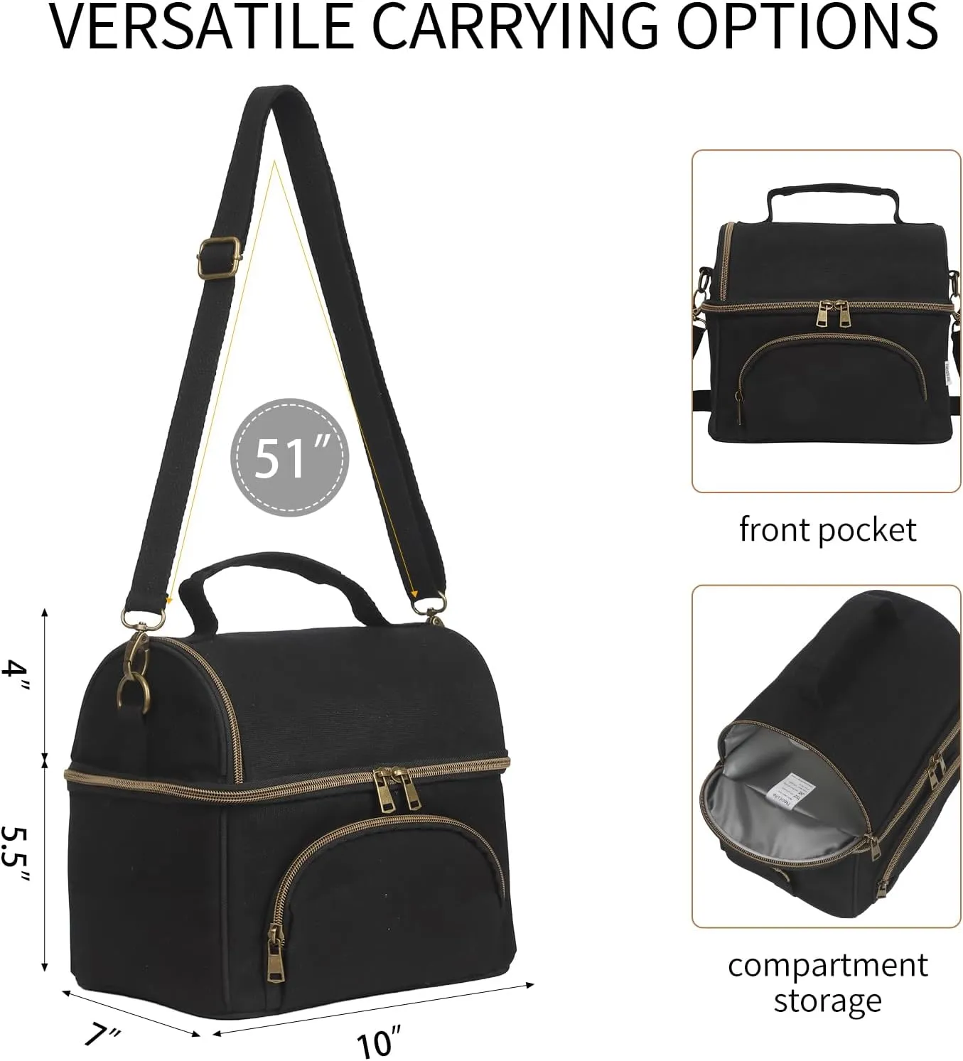 Mens Insulated Lunch Box with 2 XL icepacks,Sturdy Waxed Canvas Lunch Bag for Men And Women, Dual Compartment Large Cooler Bag For Work, Picnic, Travel, Outdoors (10.5L) 10"x9.5"x7" (Black)