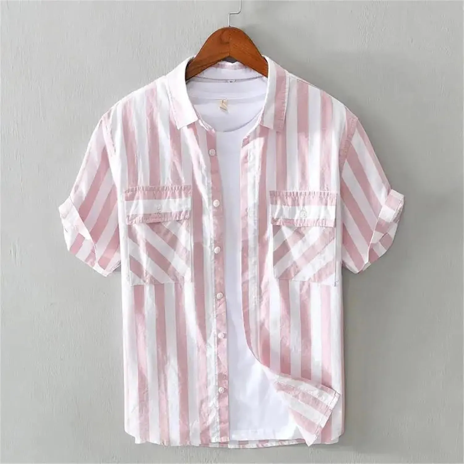 Mens Striped Pocket Shirt Short Sleeve Vintage Style Designer Elegant Top