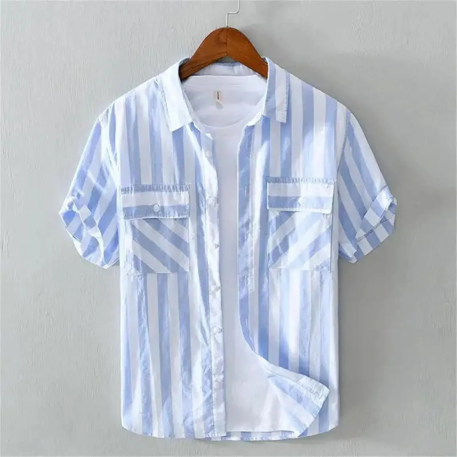 Mens Striped Pocket Shirt Short Sleeve Vintage Style Designer Elegant Top