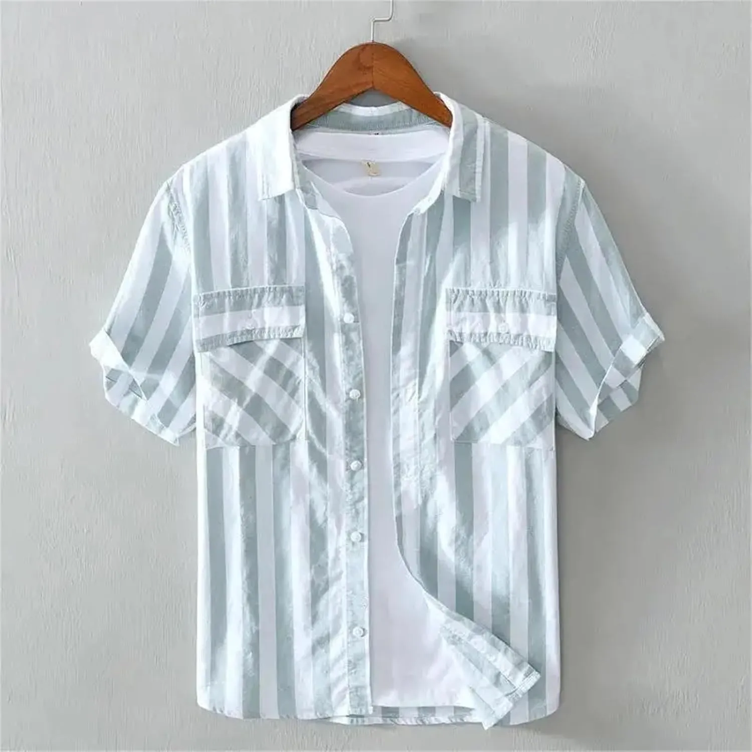 Mens Striped Pocket Shirt Short Sleeve Vintage Style Designer Elegant Top