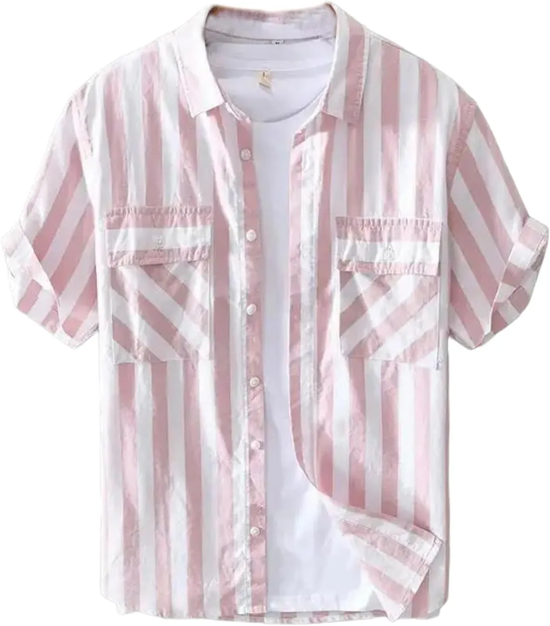 Mens Striped Pocket Shirt Short Sleeve Vintage Style Designer Elegant Top