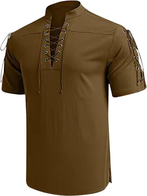 Men's Summer Half-Sleeve Shirts Workout Fitness Sports Breathable Lightweight Beach Shirts Lace-Up Casual Tunic Tops
