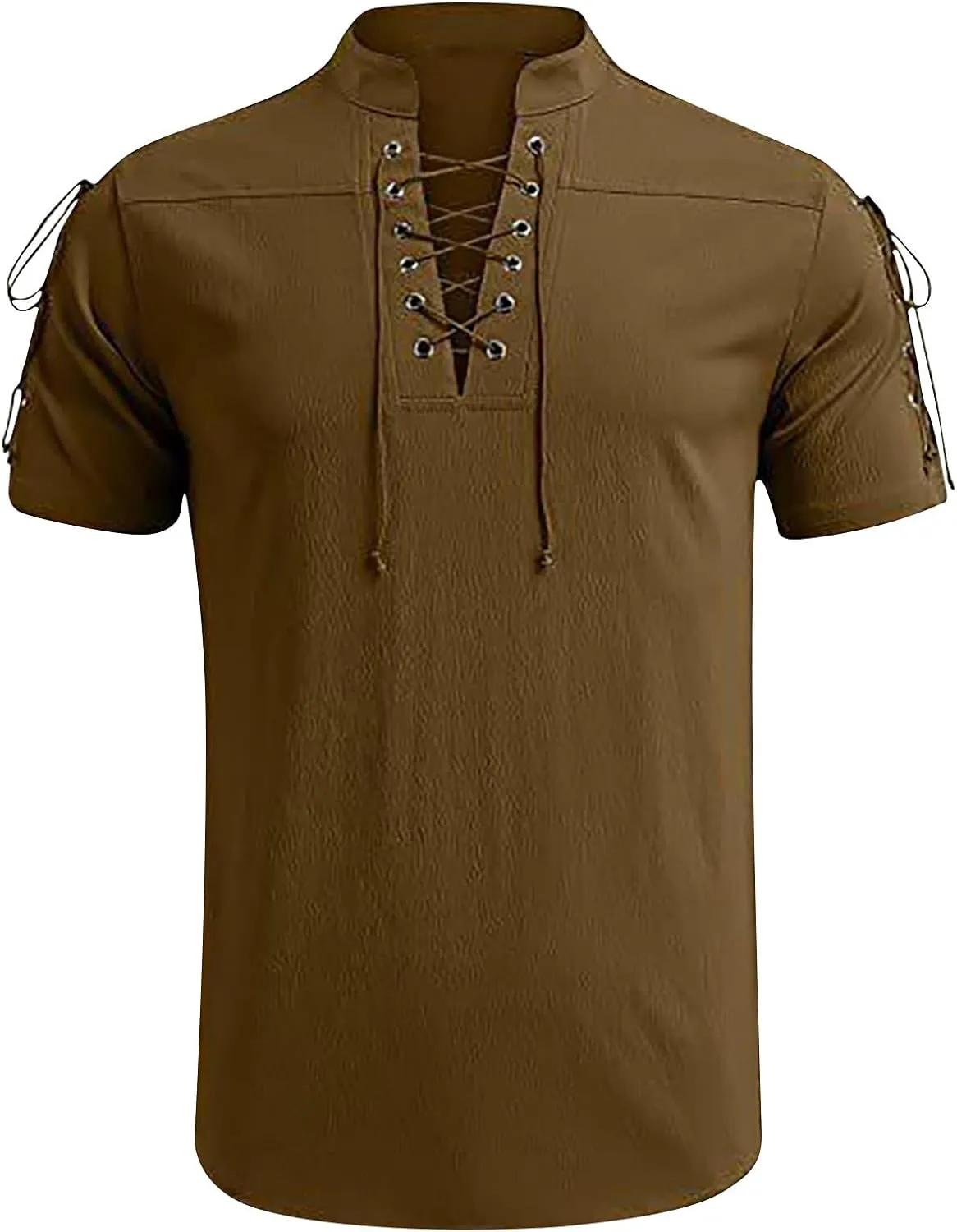 Men's Summer Half-Sleeve Shirts Workout Fitness Sports Breathable Lightweight Beach Shirts Lace-Up Casual Tunic Tops