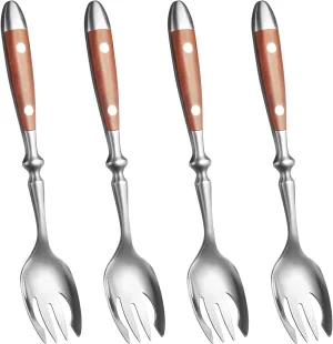 Metal Sporks Set of 4，Premium Stainless Steel 18/8 Salad Spoons with Comfortable Bakelite Handle，Salad Forks Spork for Salad，Fruit，Dessert，Appetizer，Wood Grain Handle