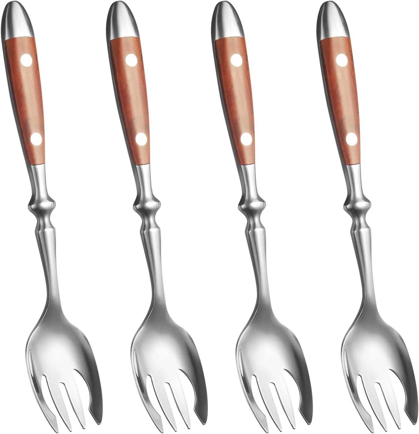 Metal Sporks Set of 4，Premium Stainless Steel 18/8 Salad Spoons with Comfortable Bakelite Handle，Salad Forks Spork for Salad，Fruit，Dessert，Appetizer，Wood Grain Handle