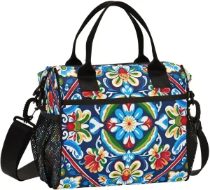 Mexican Ceramic Tile Print Insulated Lunch Bag with Shoulder Strap & Carry Handle, Eco-friendly Cooler Bag Tote Bag for Men,Women（668）