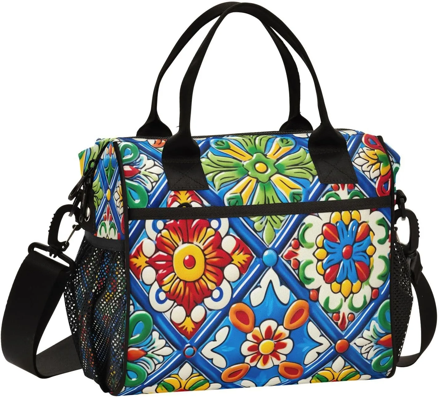 Mexican Ceramic Tile Print Insulated Lunch Bag with Shoulder Strap & Carry Handle, Eco-friendly Cooler Bag Tote Bag for Men,Women（677）