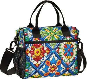 Mexican Ceramic Tile Print Insulated Lunch Bag with Shoulder Strap & Carry Handle, Eco-friendly Cooler Bag Tote Bag for Men,Women（677）