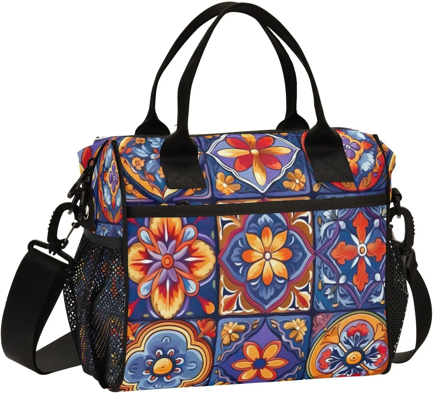 Mexican Ceramic Tile Print Insulated Lunch Bag with Shoulder Strap & Carry Handle, Eco-friendly Cooler Bag Tote Bag for Men,Women（680）