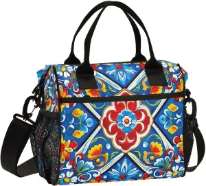 Mexican Ceramic Tile Print Insulated Lunch Bag with Shoulder Strap & Carry Handle, Eco-friendly Cooler Bag Tote Bag for Men,Women（684）