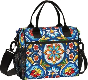 Mexican Ceramic Tile Print Insulated Lunch Bag with Shoulder Strap & Carry Handle, Eco-friendly Cooler Bag Tote Bag for Men,Women（693）