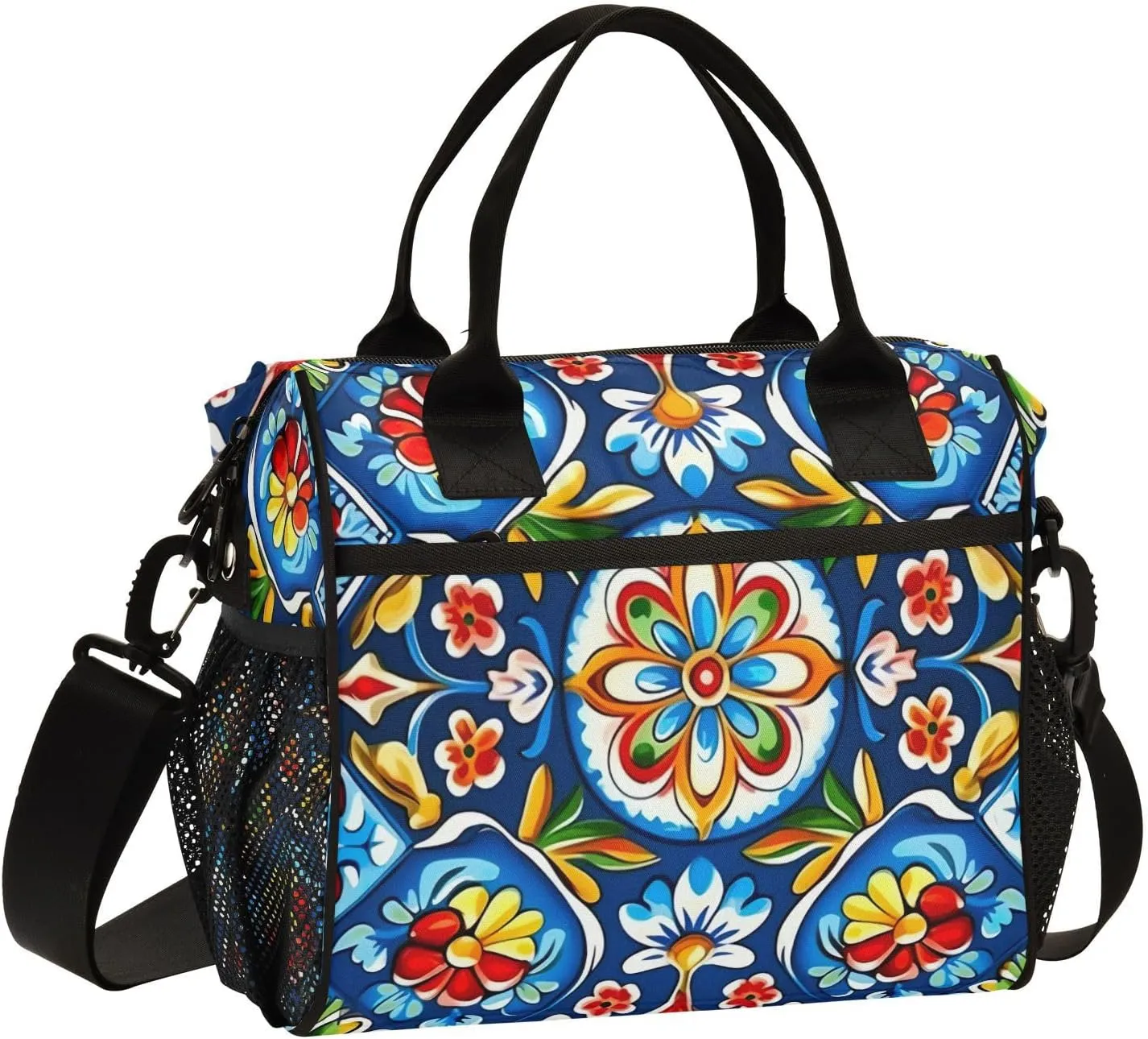 Mexican Ceramic Tile Print Insulated Lunch Bag with Shoulder Strap & Carry Handle, Eco-friendly Cooler Bag Tote Bag for Men,Women（693）