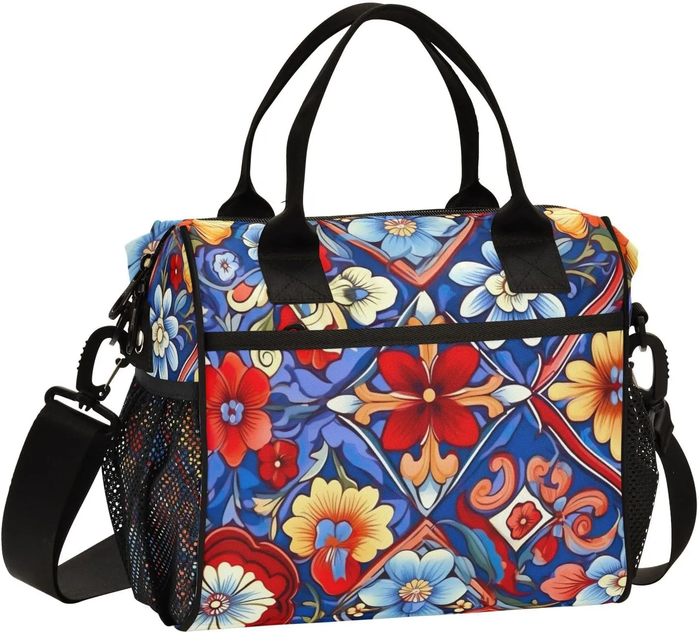Mexican Ceramic Tile Print Insulated Lunch Bag with Shoulder Strap & Carry Handle, Eco-friendly Cooler Bag Tote Bag for Men,Women（704）