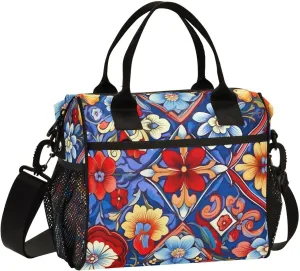 Mexican Ceramic Tile Print Insulated Lunch Bag with Shoulder Strap & Carry Handle, Eco-friendly Cooler Bag Tote Bag for Men,Women（704）