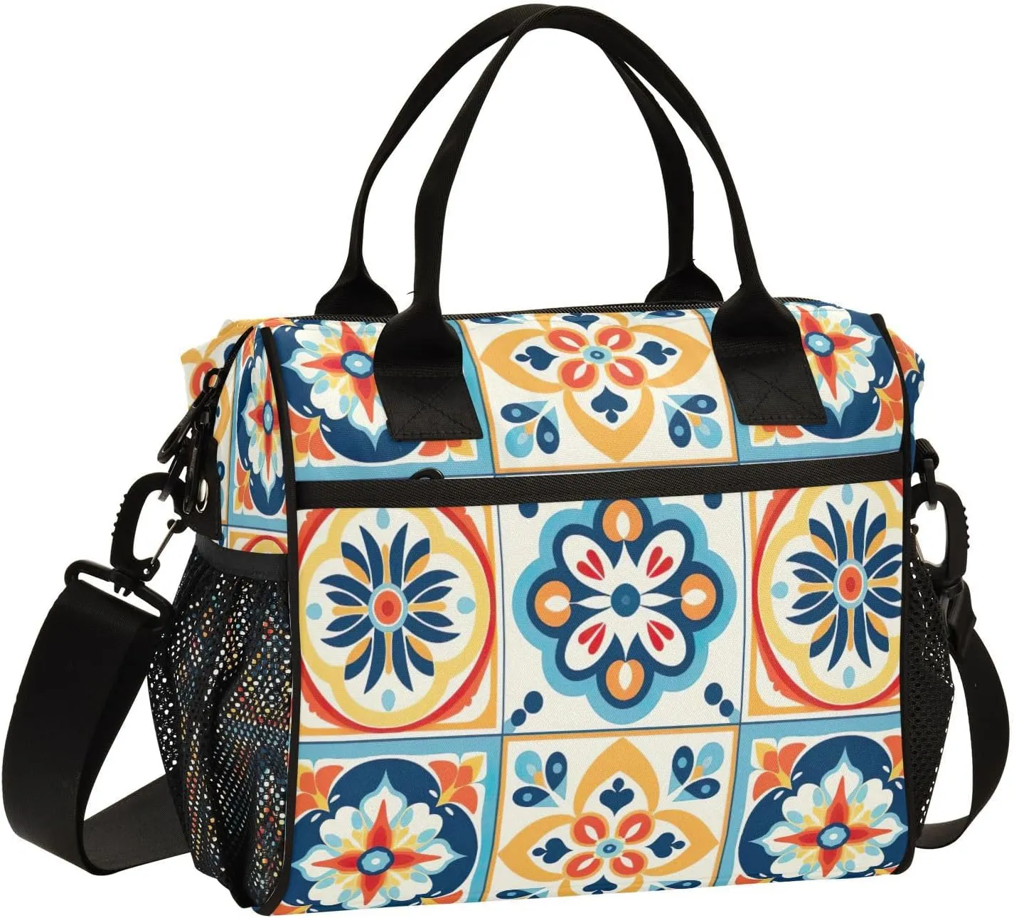 Mexican Ceramic Tile Print Insulated Lunch Bag with Shoulder Strap & Carry Handle, Eco-friendly Cooler Bag Tote Bag for Men,Women（708）
