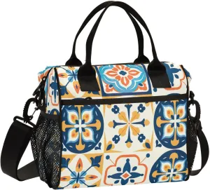 Mexican Ceramic Tile Print Insulated Lunch Bag with Shoulder Strap & Carry Handle, Eco-friendly Cooler Bag Tote Bag for Men,Women（713）
