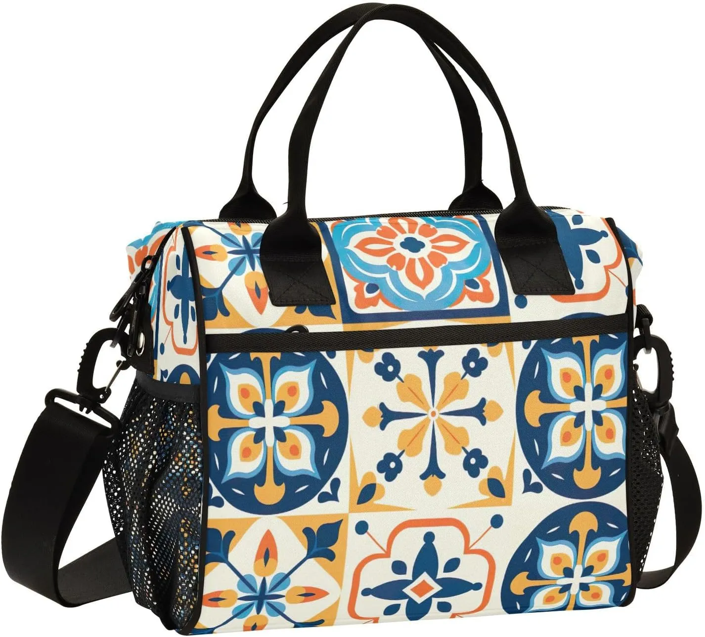 Mexican Ceramic Tile Print Insulated Lunch Bag with Shoulder Strap & Carry Handle, Eco-friendly Cooler Bag Tote Bag for Men,Women（713）