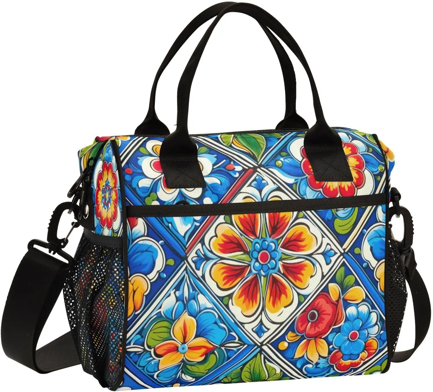 Mexican Ceramic Tile Print Insulated Lunch Bag with Shoulder Strap & Carry Handle, Eco-friendly Cooler Bag Tote Bag for Men,Women（717）