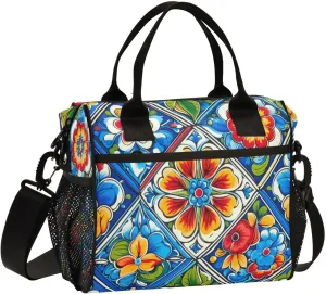 Mexican Ceramic Tile Print Insulated Lunch Bag with Shoulder Strap & Carry Handle, Eco-friendly Cooler Bag Tote Bag for Men,Women（717）