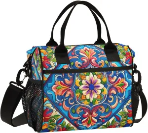 Mexican Ceramic Tile Print Insulated Lunch Bag with Shoulder Strap & Carry Handle, Eco-friendly Cooler Bag Tote Bag for Men,Women（723）