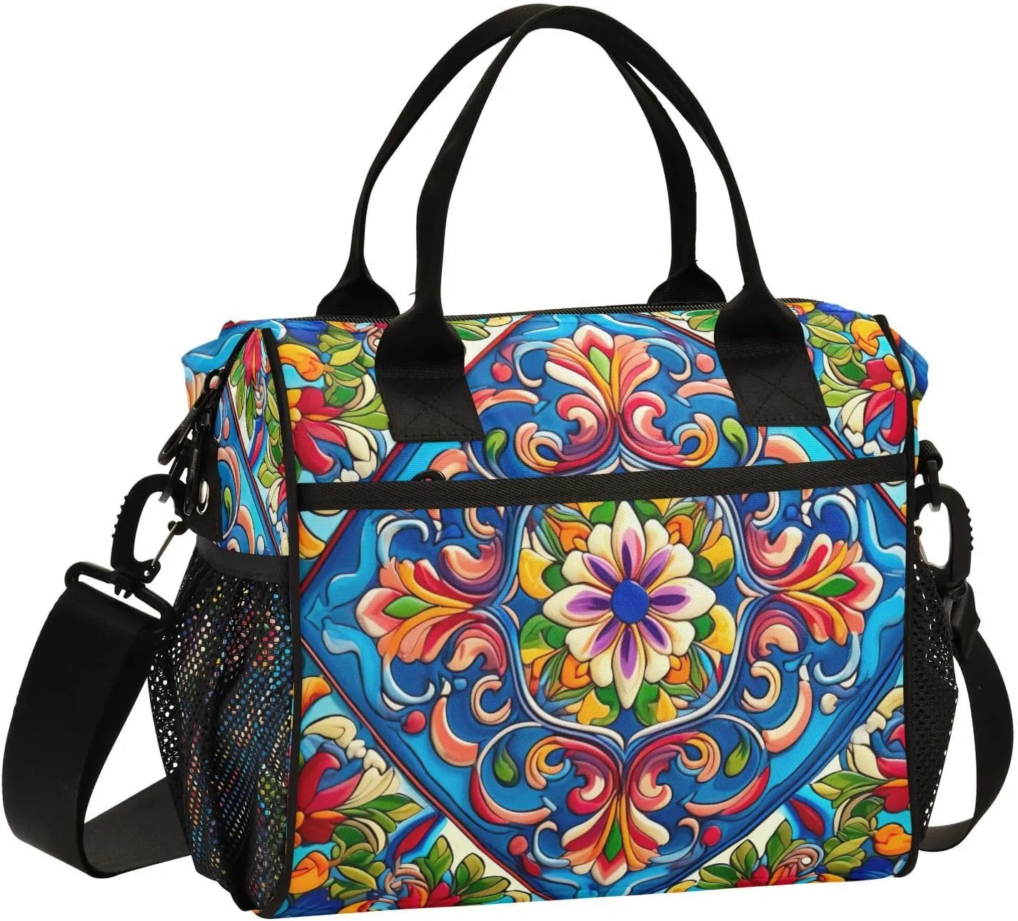 Mexican Ceramic Tile Print Insulated Lunch Bag with Shoulder Strap & Carry Handle, Eco-friendly Cooler Bag Tote Bag for Men,Women（723）