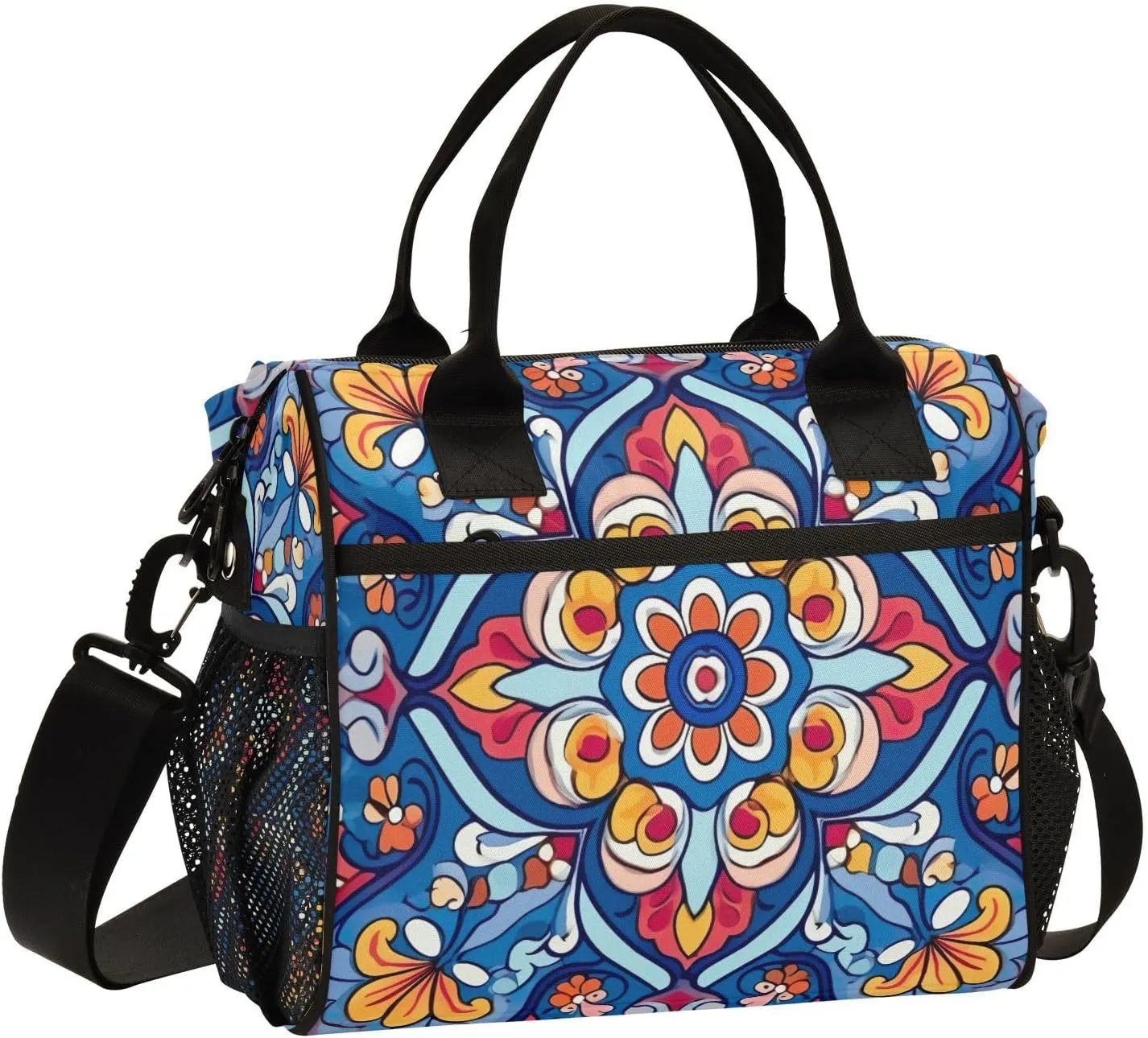 Mexican Ceramic Tile Print Insulated Lunch Bag with Shoulder Strap & Carry Handle, Eco-friendly Cooler Bag Tote Bag for Men,Women（728）
