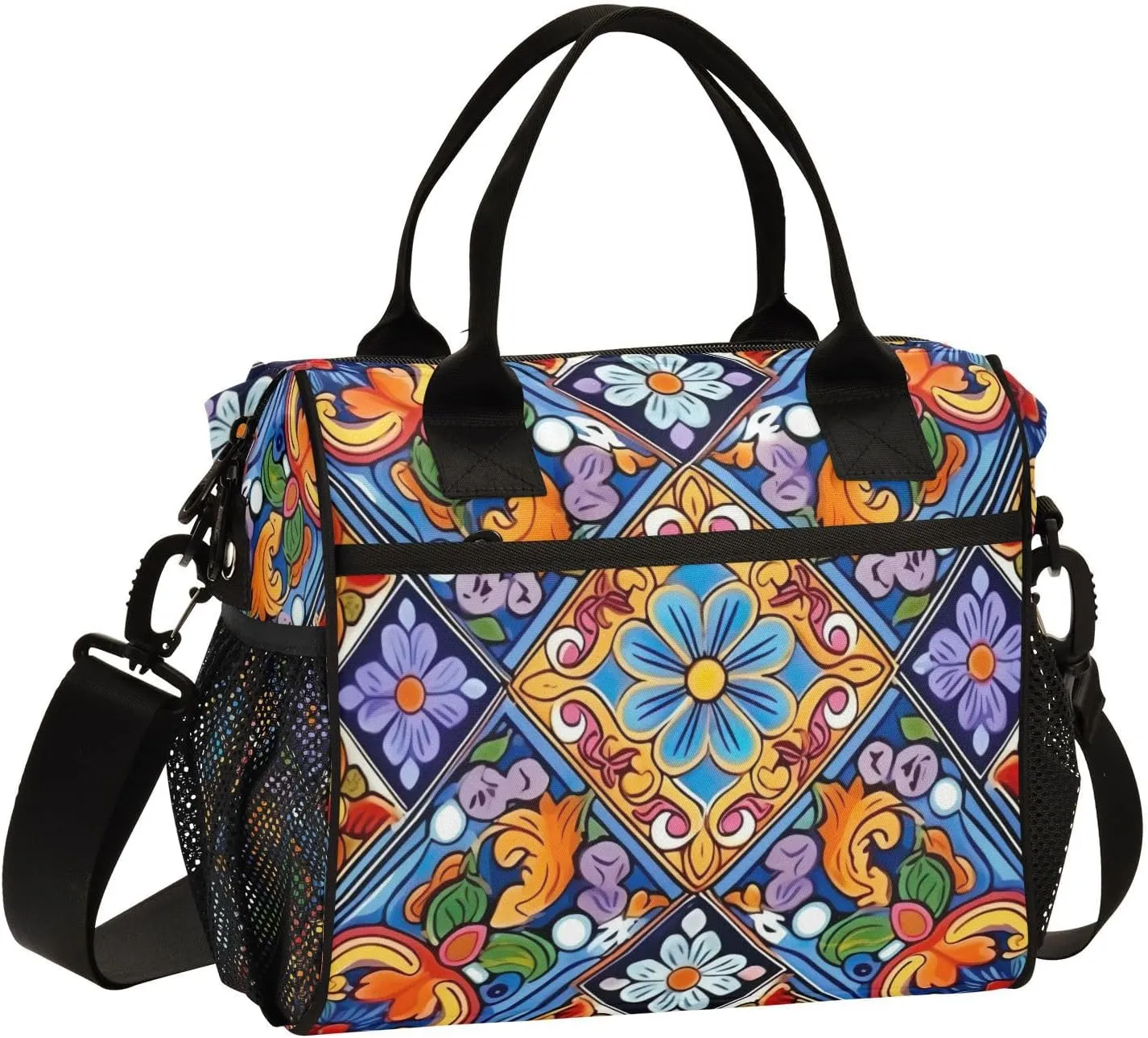 Mexican Ceramic Tile Print Insulated Lunch Bag with Shoulder Strap & Carry Handle, Eco-friendly Cooler Bag Tote Bag for Men,Women（747）