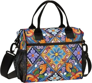 Mexican Ceramic Tile Print Insulated Lunch Bag with Shoulder Strap & Carry Handle, Eco-friendly Cooler Bag Tote Bag for Men,Women（747）