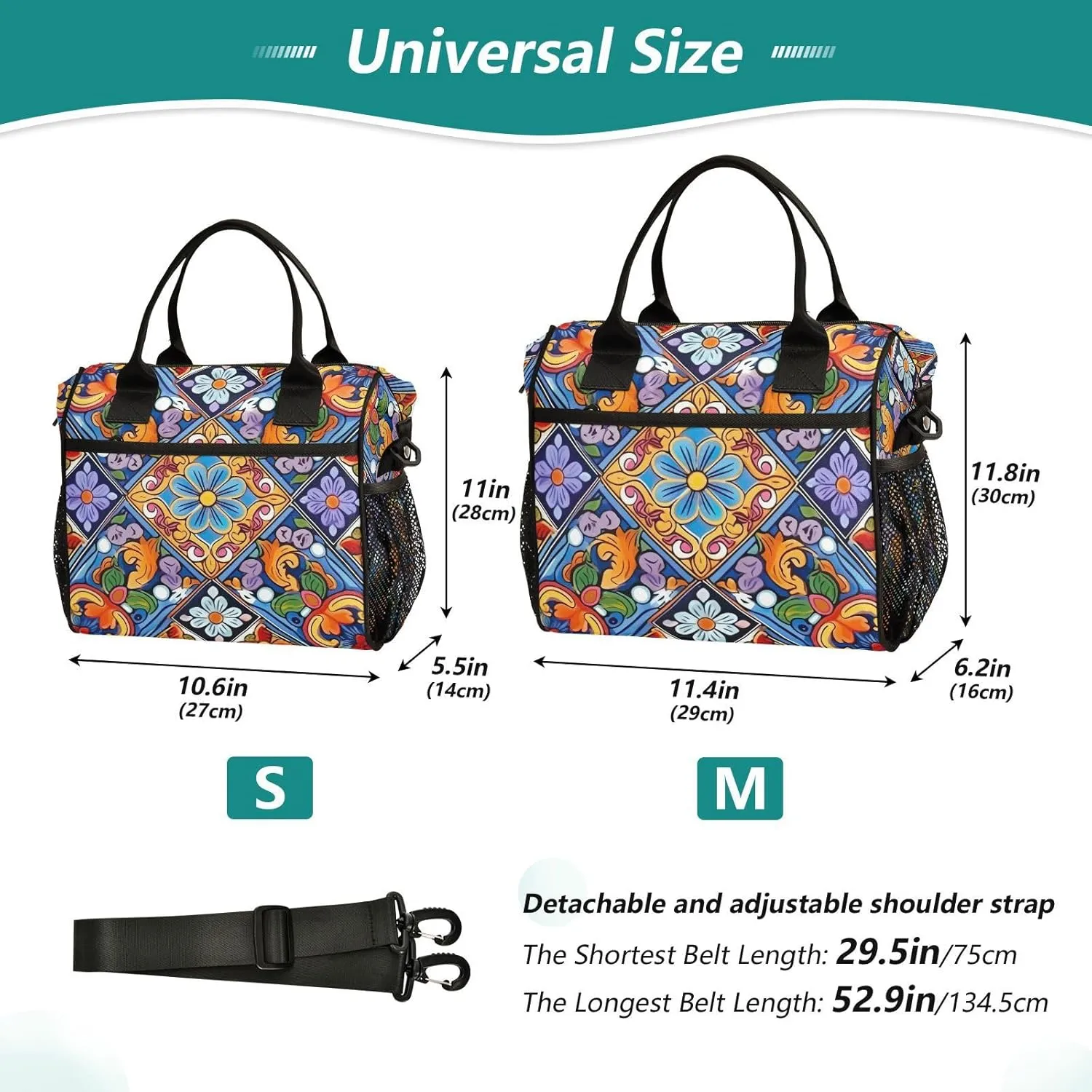 Mexican Ceramic Tile Print Insulated Lunch Bag with Shoulder Strap & Carry Handle, Eco-friendly Cooler Bag Tote Bag for Men,Women（747）