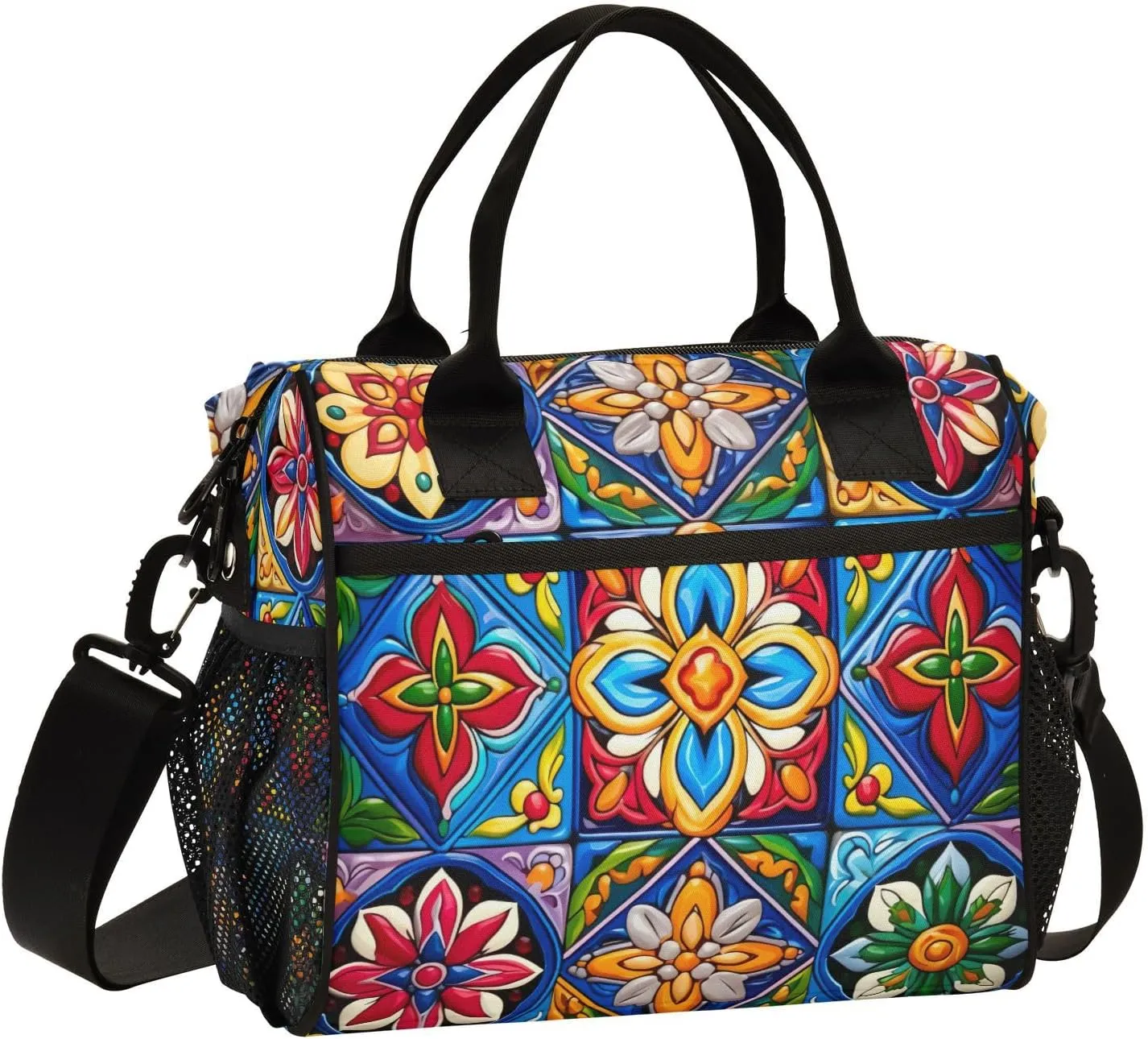 Mexican Ceramic Tile Print Insulated Lunch Bag with Shoulder Strap & Carry Handle, Eco-friendly Cooler Bag Tote Bag for Men,Women（765）