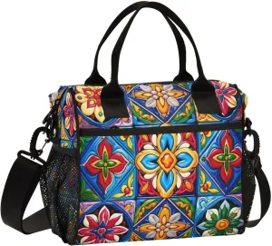 Mexican Ceramic Tile Print Insulated Lunch Bag with Shoulder Strap & Carry Handle, Eco-friendly Cooler Bag Tote Bag for Men,Women（765）