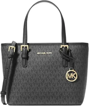 Michael Michael Kors XS Carry All Jet Set Travel Extra-Small Logo Top-Zip Tote Bag Womens Black PVC
