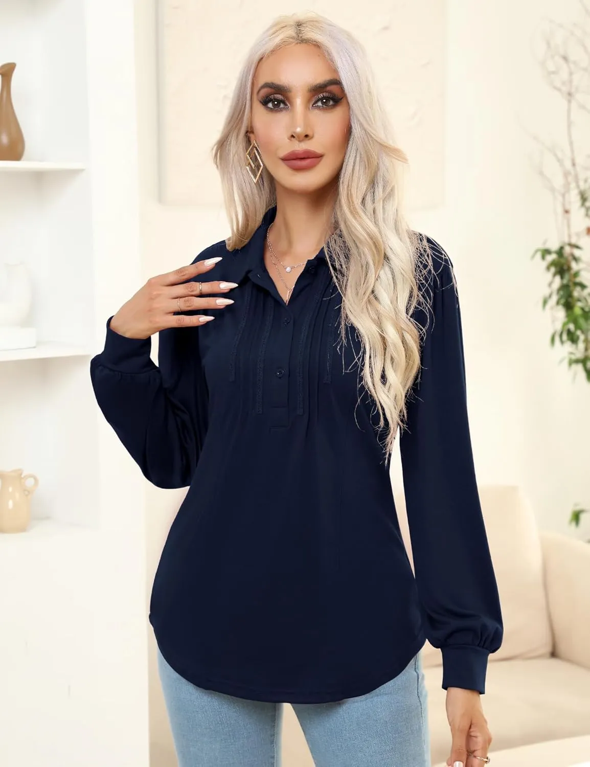 Micoson Polo Shirts for Women Long Sleeve Button Down Collared Tops Loose Casual Tunic Blouses