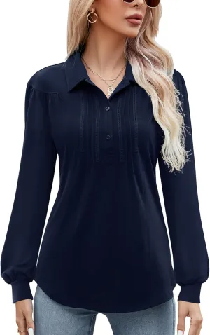 Micoson Polo Shirts for Women Long Sleeve Button Down Collared Tops Loose Casual Tunic Blouses