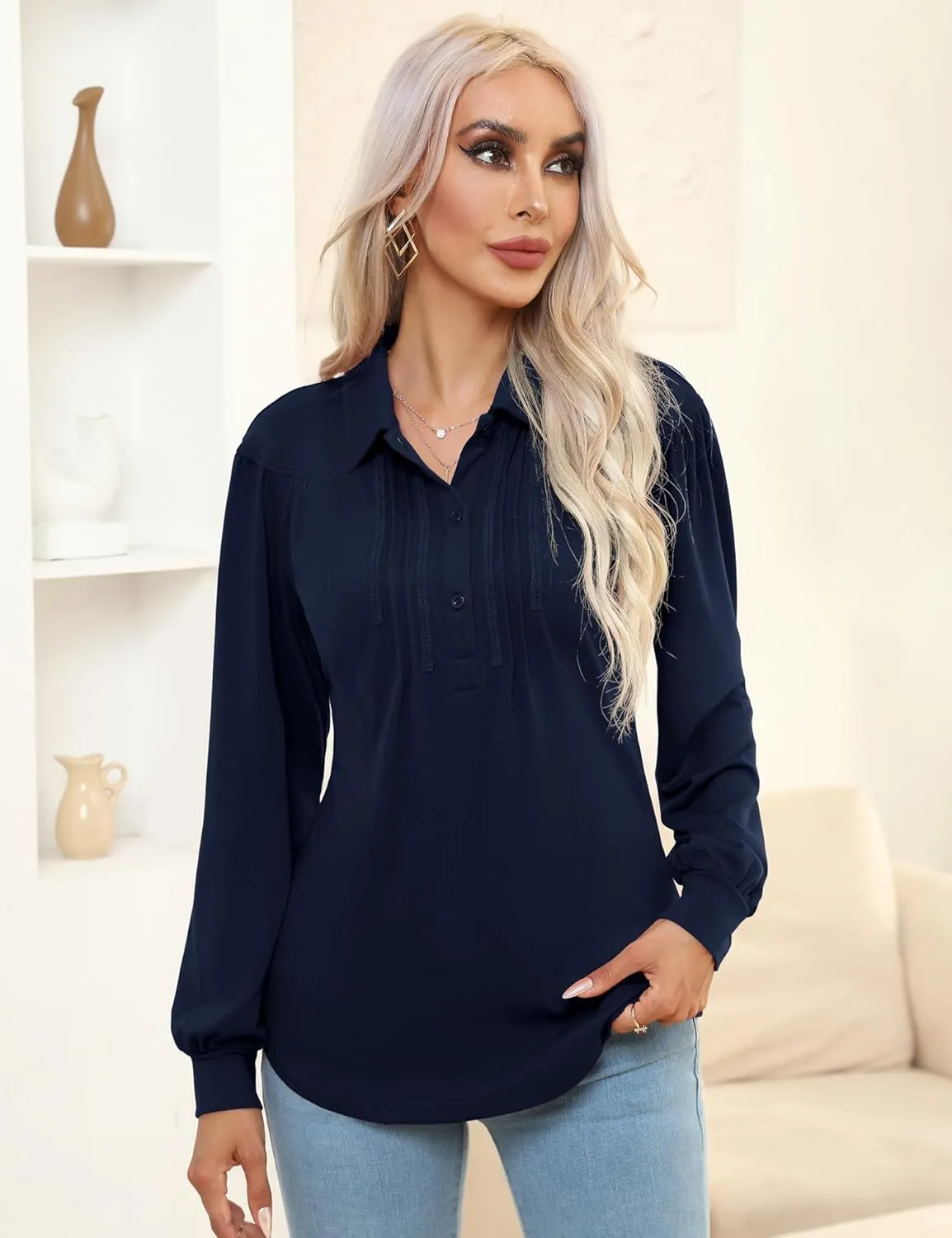 Micoson Polo Shirts for Women Long Sleeve Button Down Collared Tops Loose Casual Tunic Blouses