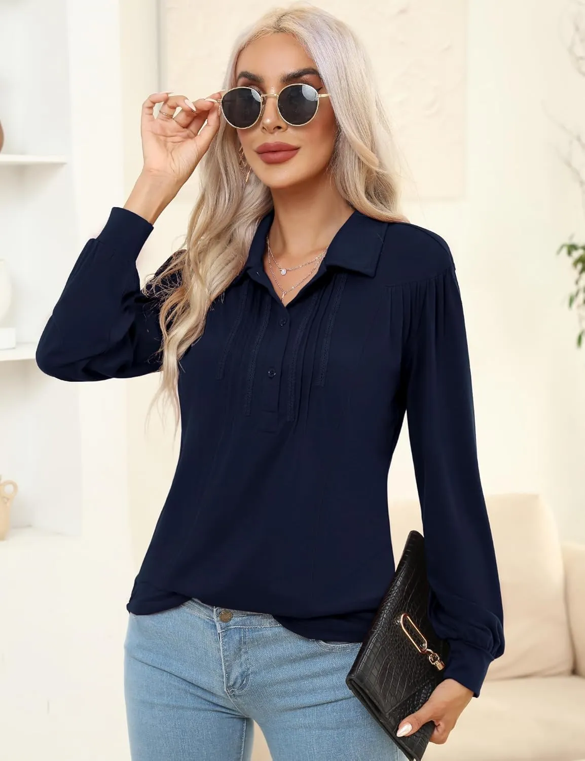 Micoson Polo Shirts for Women Long Sleeve Button Down Collared Tops Loose Casual Tunic Blouses