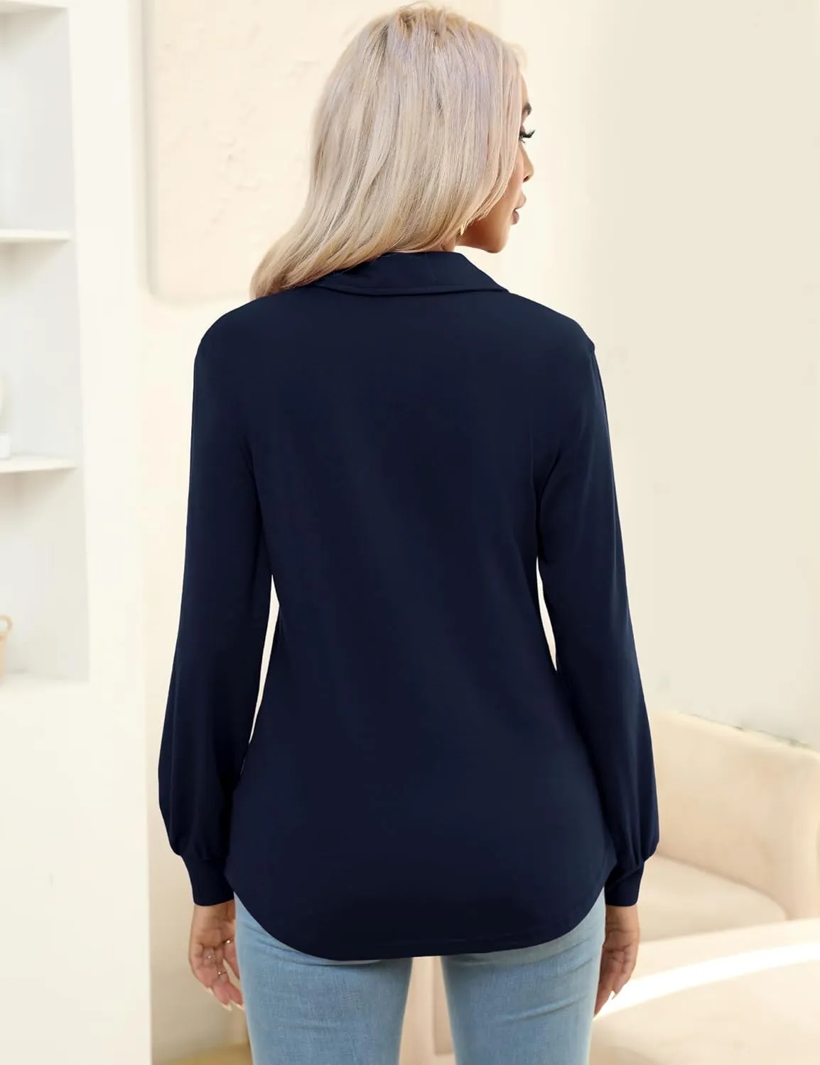 Micoson Polo Shirts for Women Long Sleeve Button Down Collared Tops Loose Casual Tunic Blouses
