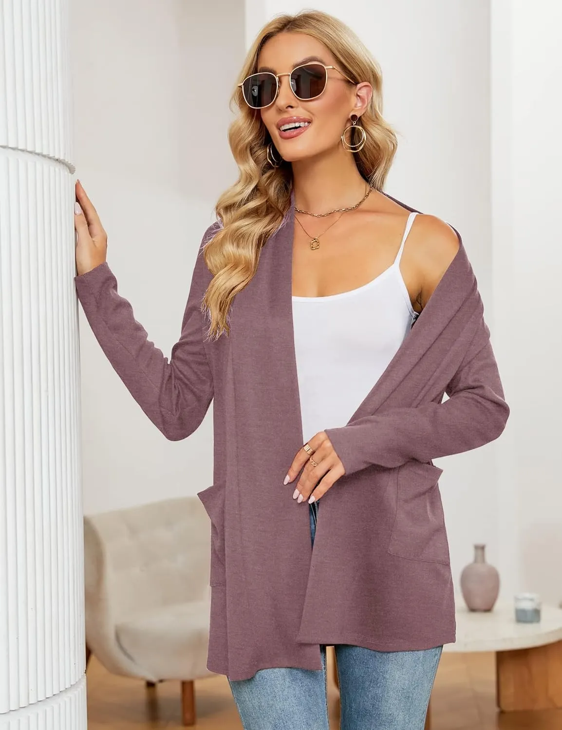 Micoson Women's Long Sleeve Open Front Cardigan Casual Loose Lightweight Cardigans with Pockets
