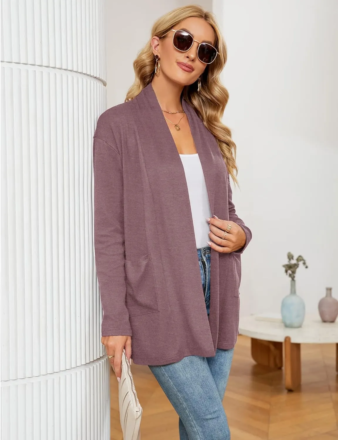 Micoson Women's Long Sleeve Open Front Cardigan Casual Loose Lightweight Cardigans with Pockets